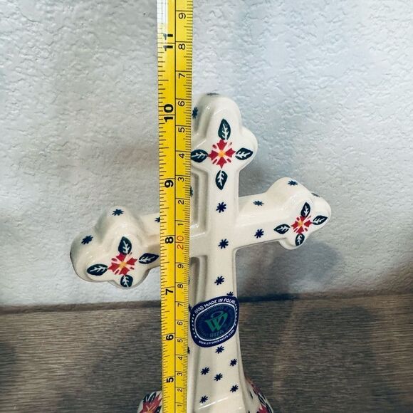 Boleslawiec Polish Pottery Poinsettia Ceramic Cross Christmas Statue - Picture 4 of 4